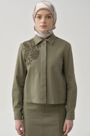 Embroidered Mini Canvas Jacket - Khaki