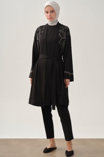 Embroidered Jacket and Blouse Set - Black