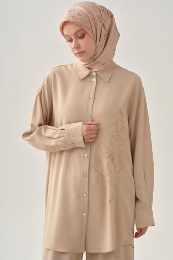 Embroidered Drop Sleeve Shirt - Beige
