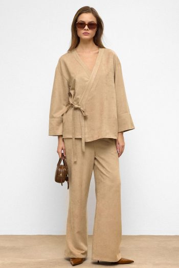 Suede-Look Kimono Set with Tie-Front Detail in Stone Color 9366-TK