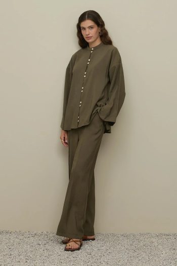 Front Buttoned Modal Shirt Set in Khaki