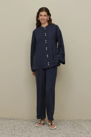Navy Blue Button-Front Modal Shirt Set