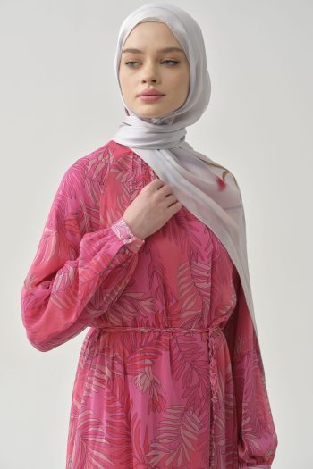 Örgü Kemerli Desenli Şifon Elbise - Pembe