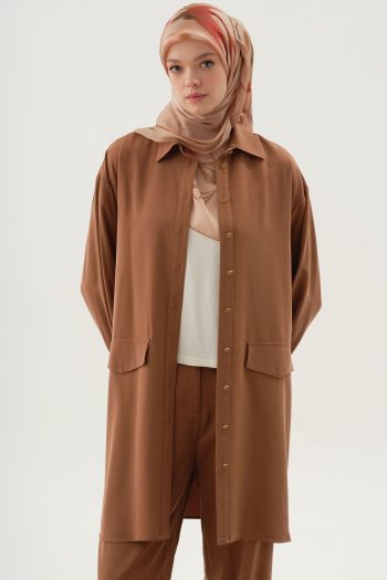 Knitted Blouse Long Tunic Set - Coffee