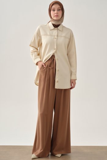 بنطلون مطوي بحزام - بني