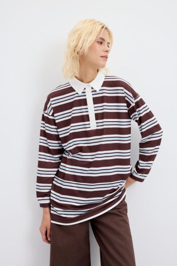Striped Polo Neck Sweatshirt in Ecru