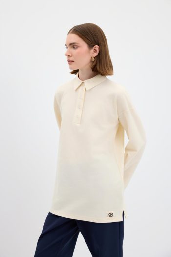 Ecru Side Slit Polo Neck Sweatshirt