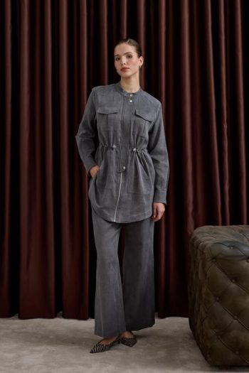 Princess Elastic Waist Zippered Trousers Set in Grey