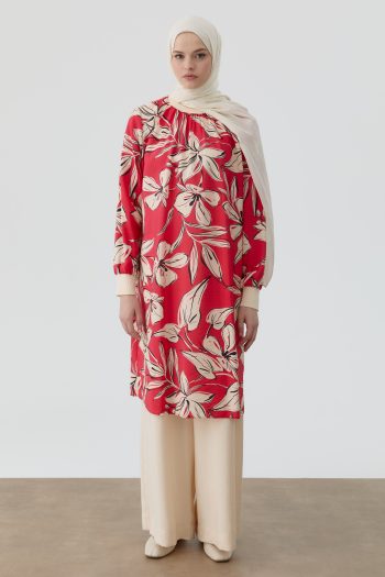 Floral Patterned Tunic with Ribbed Details - Coral