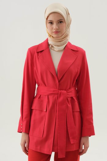 Rivet Detailed Belted Jacket - Red