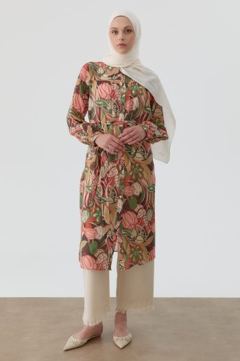 Floral Patterned Tunic with Ruffles - Salmon