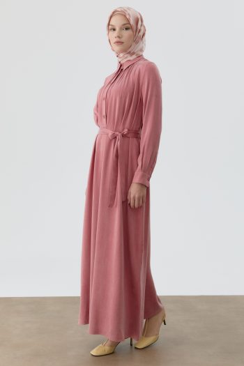 Belted Dress with Ruffles - Dusty Rose