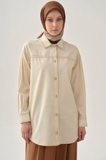 Piped Hem Shirt with Hidden Pockets - Ecru