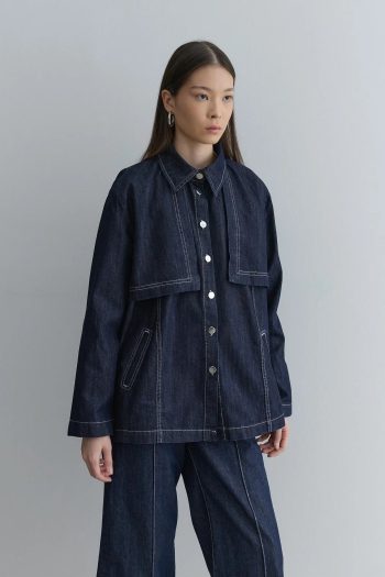 Navy Blue Denim Jacket with Wind Flap Detail