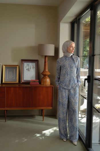 Wide-Leg Pants with Shawl Pattern - Indigo