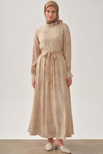 تنورة بنقشة شال مزودة بجيوب - بيج