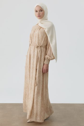 Belted Dress with Shawl Pattern - Beige
