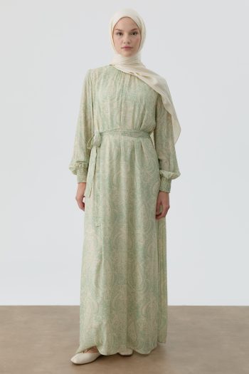 Belted Dress with Shawl Pattern - Mint