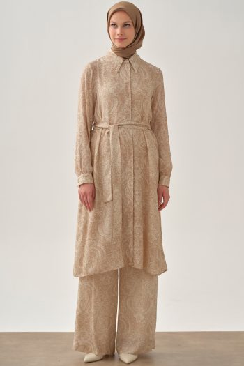 Shawl Patterned Belted Tunic - Beige