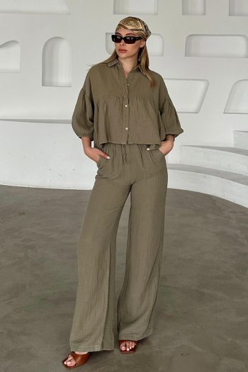 Casual Short Shirt Muslin Set in Khaki 9355-TK