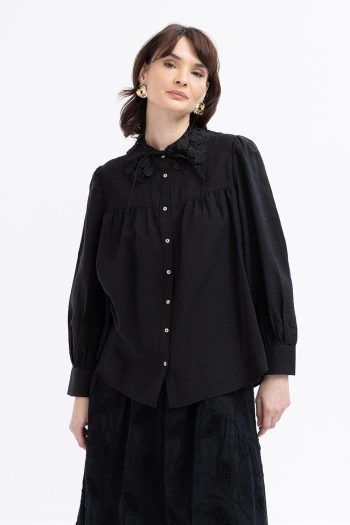 Black-Fisto Collar Detailed Ruched Blouse