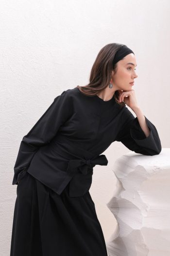 Black Belted Hidden Placket Shirt