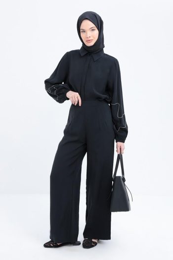Black Side-Zip Modal Wide Leg Pants