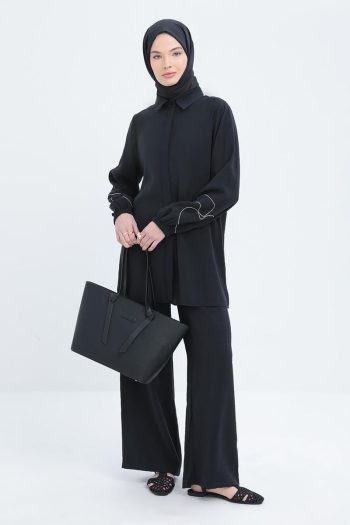 Black Chain Embroidered Elastic Sleeve Modal Shirt Tunic