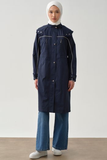 T-Sleeve Garni Piping Hooded Trench Coat - Indigo