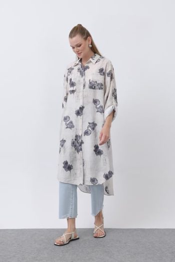 Women's Patterned Front Pocket Detailed Back Pleated Long Tunic - 10678TUN - NAVY