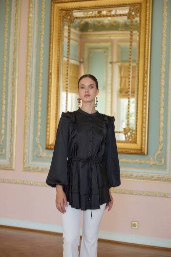 VOLAN SATEN TUNİK SİYAH