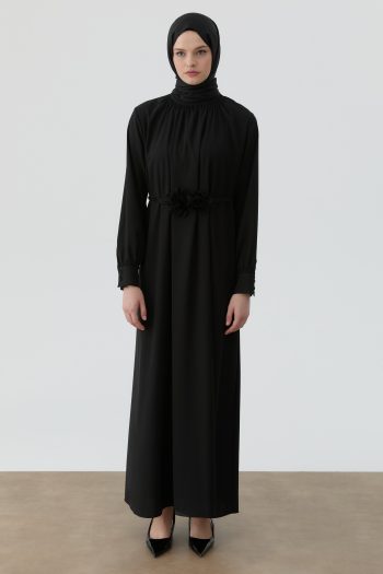 Elastic Neck and Cuff Detailed Dress - Black