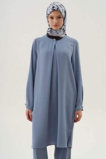 Pleated Neck and Sleeves Tunic with Brooch Detail - Light Blue