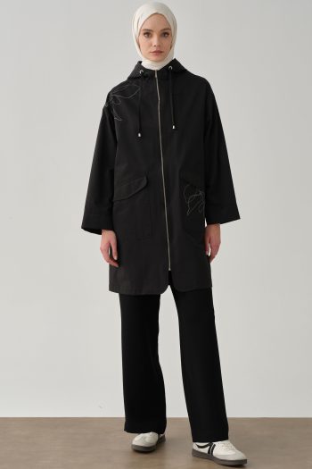 Leaf Pattern Printed Raincoat - Black