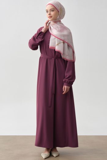 Half Placket Belted Dress - Plum