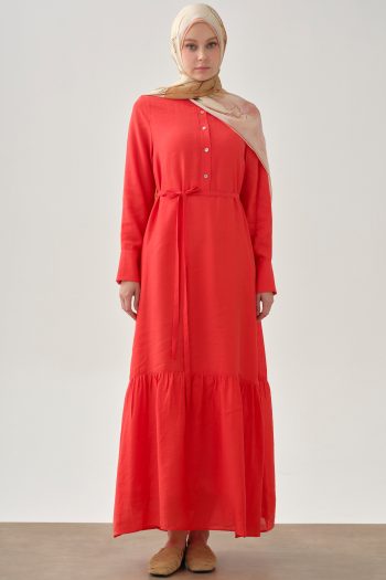 Half-Placket Gathered Skirt Dress - Coral
