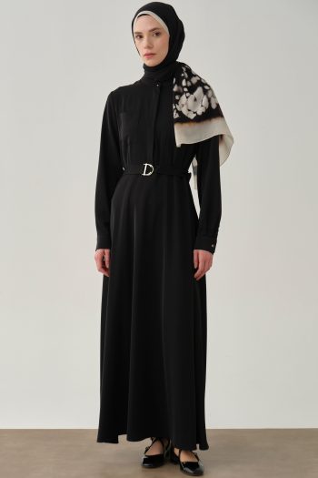 Half Placket Pocket Dress - Black