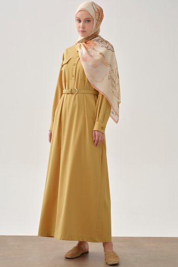 Half Placket Belted Dress - Saffron