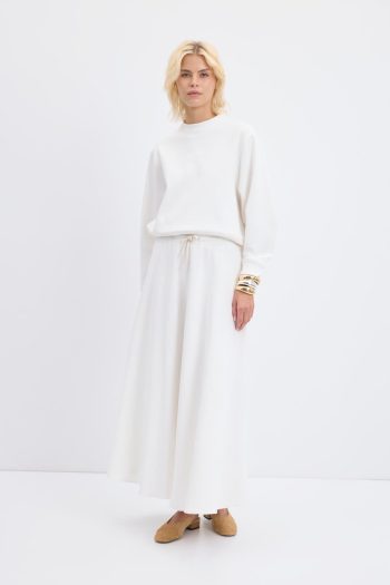 Yüksek Bel Bağcıklı Geniş Form Kloş Etek Ekru