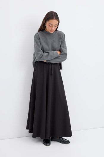 High-Waisted Wide Flare Skirt with Drawstrings in Black