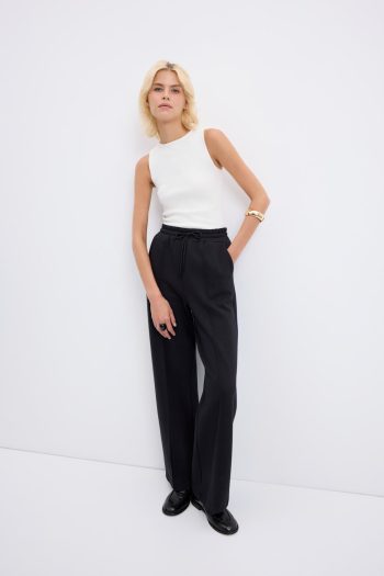 High Waist Stitch Detail Relaxed Fit Trousers Black