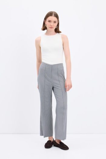 High Waist Slim Fit Checkered Pattern Trousers in Navy