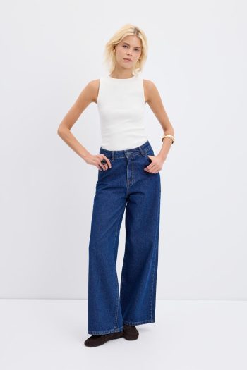 High Waist Wide Leg Gabardine Trousers in Dark Blue