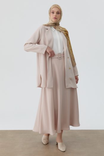 High-Waisted Belted Flared Skirt - Beige