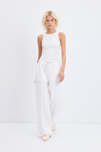 High Waist Ribbed Stitch Detail Trousers in Ecru