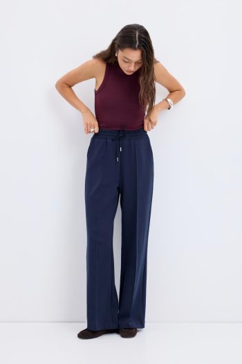 High Waist Pintuck Stitch Detail Trousers in Navy