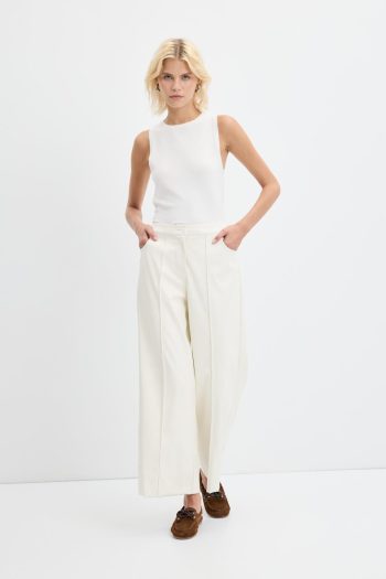 High Waist Pintuck Stitched Faux Leather Trousers in Ecru