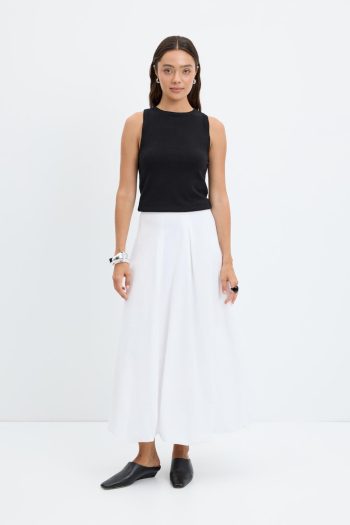 Yüksek Bel Pile Detaylı Balon Etek Ekru