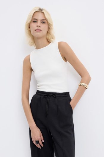 Round Neck Sleeveless Knit Bodysuit in Ecru