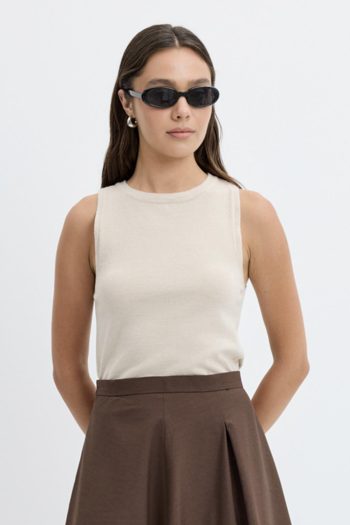 Round Neck Sleeveless Knit Bodysuit in Stone